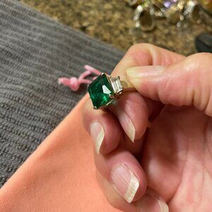 Sterling Silver Green and Crystal Ring, Size 5 1/2